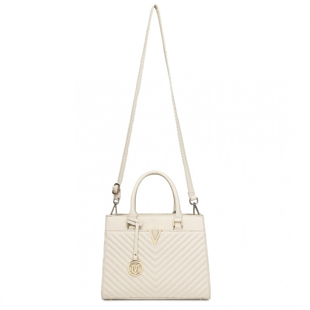 LT2357 - MISS LULU CHIC V-QUILTED PU LEATHER SOPHISTICATED HANDBAG - BEIGE