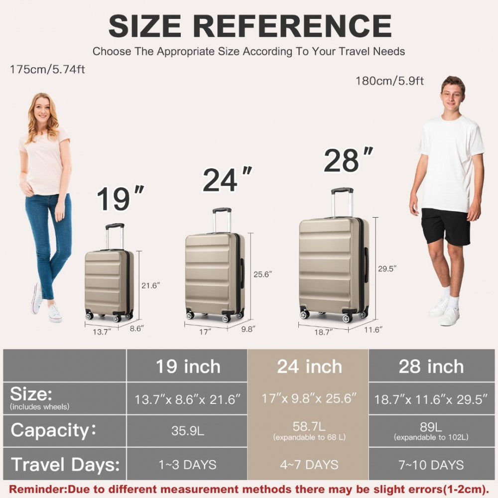 KSK2482 - KONO 24 INCH EXPANDABLE HORIZONTAL ENGRAVED HARD SHELL ABS+PC CHECK-IN SUITCASE WITH TSA LOCK - GOLD - The Baggage Shop