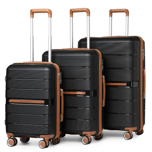 K2392L - BRITISH TRAVELLER 3 PCS MULTI-TEXTURE POLYPROPYLENE HARD SHELL SUITCASE WITH TSA LOCK - BLACK - The Baggage Shop