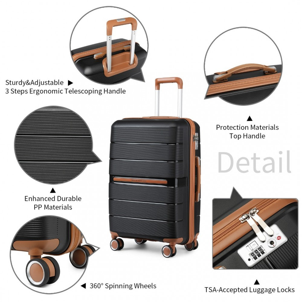 K2392L - BRITISH TRAVELLER 3 PCS MULTI-TEXTURE POLYPROPYLENE HARD SHELL SUITCASE WITH TSA LOCK - BLACK - The Baggage Shop