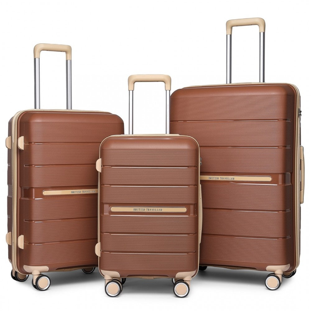 K2392L - BRITISH TRAVELLER 3 PCS MULTI-TEXTURE POLYPROPYLENE HARD SHELL SUITCASE WITH TSA LOCK - BROWN AND APRICOT - The Baggage Shop