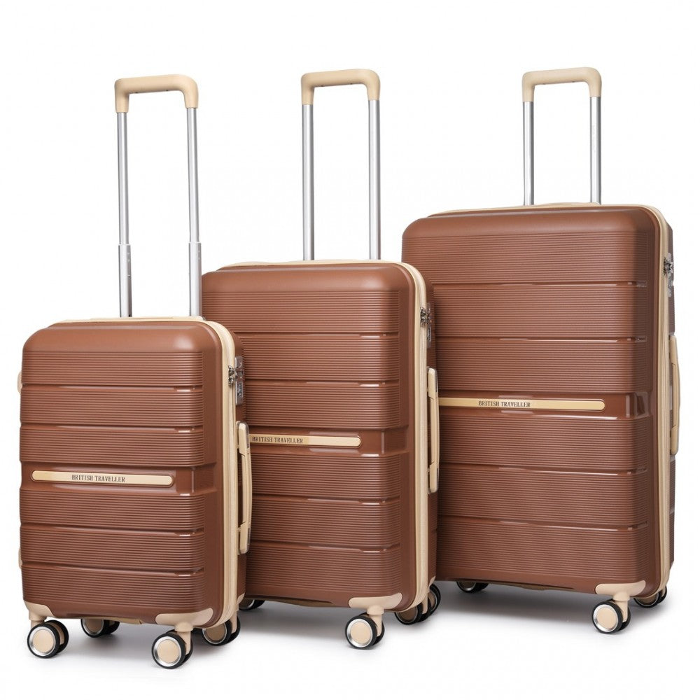 K2392L - BRITISH TRAVELLER 3 PCS MULTI-TEXTURE POLYPROPYLENE HARD SHELL SUITCASE WITH TSA LOCK - BROWN AND APRICOT - The Baggage Shop