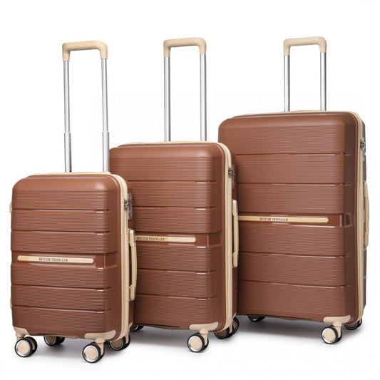 K2392L - BRITISH TRAVELLER 3 PCS MULTI-TEXTURE POLYPROPYLENE HARD SHELL SUITCASE WITH TSA LOCK - BROWN AND APRICOT - The Baggage Shop