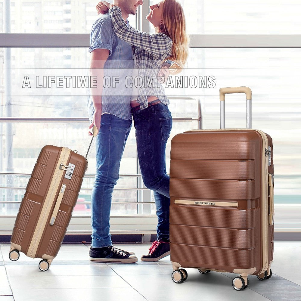 K2392L - BRITISH TRAVELLER 3 PCS MULTI-TEXTURE POLYPROPYLENE HARD SHELL SUITCASE WITH TSA LOCK - BROWN AND APRICOT - The Baggage Shop