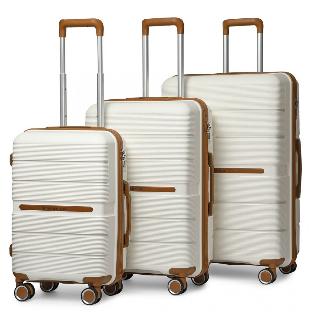K2392L - BRITISH TRAVELLER 3 PCS MULTI-TEXTURE POLYPROPYLENE HARD SHELL SUITCASE WITH TSA LOCK - CREAM - The Baggage Shop