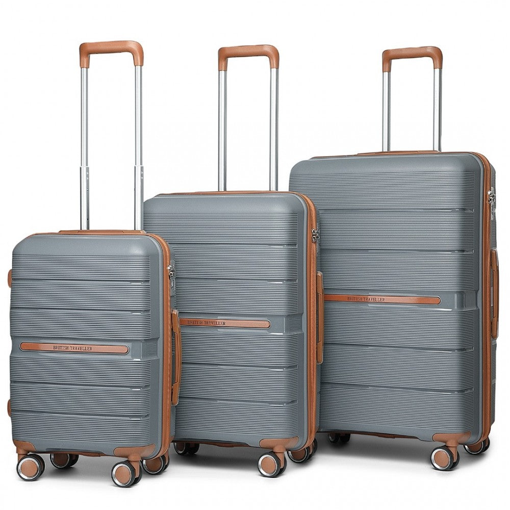 K2392L - BRITISH TRAVELLER 3 PCS MULTI-TEXTURE POLYPROPYLENE HARD SHELL SUITCASE WITH TSA LOCK - GREY AND BROWN - The Baggage Shop