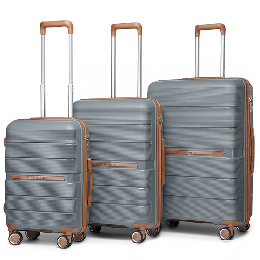 K2392L - BRITISH TRAVELLER 3 PCS MULTI-TEXTURE POLYPROPYLENE HARD SHELL SUITCASE WITH TSA LOCK - GREY AND BROWN - The Baggage Shop