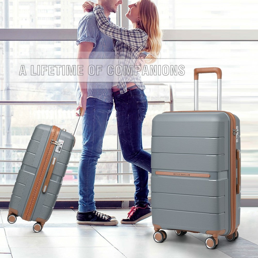 K2392L - BRITISH TRAVELLER 3 PCS MULTI-TEXTURE POLYPROPYLENE HARD SHELL SUITCASE WITH TSA LOCK - GREY AND BROWN - The Baggage Shop