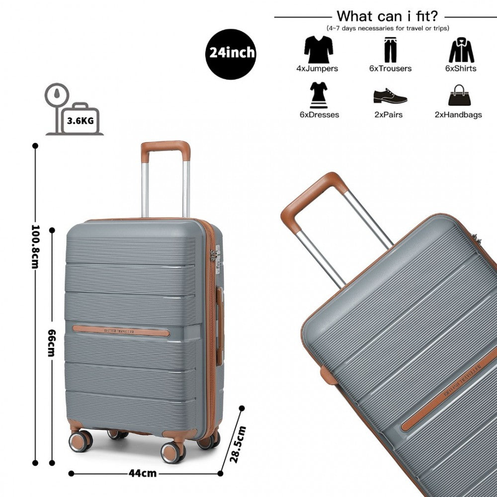 K2392L - BRITISH TRAVELLER 3 PCS MULTI-TEXTURE POLYPROPYLENE HARD SHELL SUITCASE WITH TSA LOCK - GREY AND BROWN - The Baggage Shop