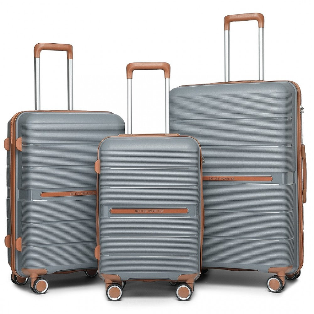 K2392L - BRITISH TRAVELLER 3 PCS MULTI-TEXTURE POLYPROPYLENE HARD SHELL SUITCASE WITH TSA LOCK - GREY AND BROWN - The Baggage Shop