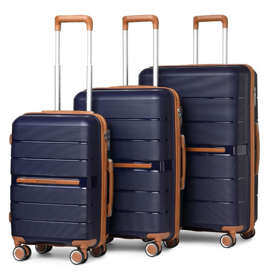 K2392L - BRITISH TRAVELLER 3 PCS MULTI-TEXTURE POLYPROPYLENE HARD SHELL SUITCASE WITH TSA LOCK - NAVY - The Baggage Shop