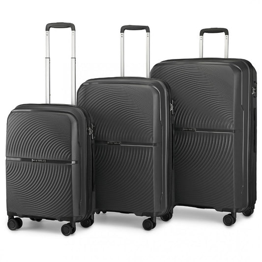 K2393L - BRITISH TRAVELLER 3 PCS SET SPINNER HARD SHELL PP SUITCASE WITH TSA LOCK - BLACK - The Baggage Shop