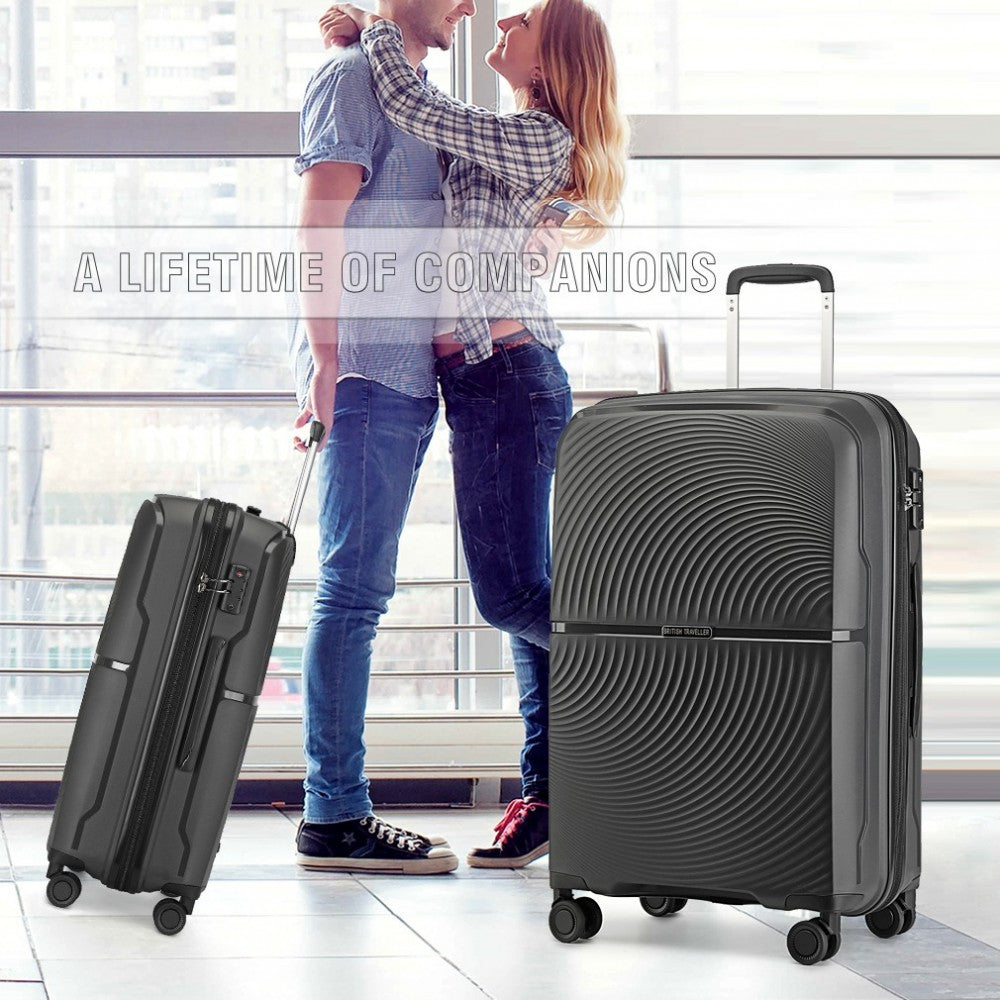 K2393L - BRITISH TRAVELLER 3 PCS SET SPINNER HARD SHELL PP SUITCASE WITH TSA LOCK - BLACK - The Baggage Shop