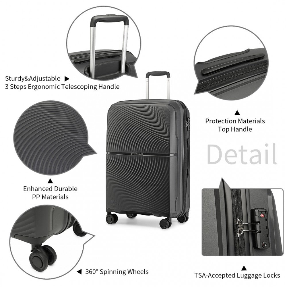 K2393L - BRITISH TRAVELLER 3 PCS SET SPINNER HARD SHELL PP SUITCASE WITH TSA LOCK - BLACK - The Baggage Shop