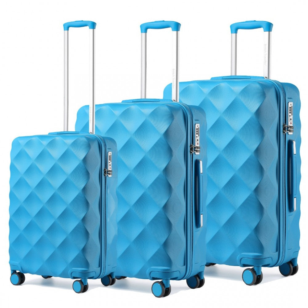 K2395L - BRITISH TRAVELLER ULTRALIGHT ABS AND POLYCARBONATE BUMPY DIAMOND 3 PCS LUGGAGE SET WITH TSA LOCK - BLUE - The Baggage Shop