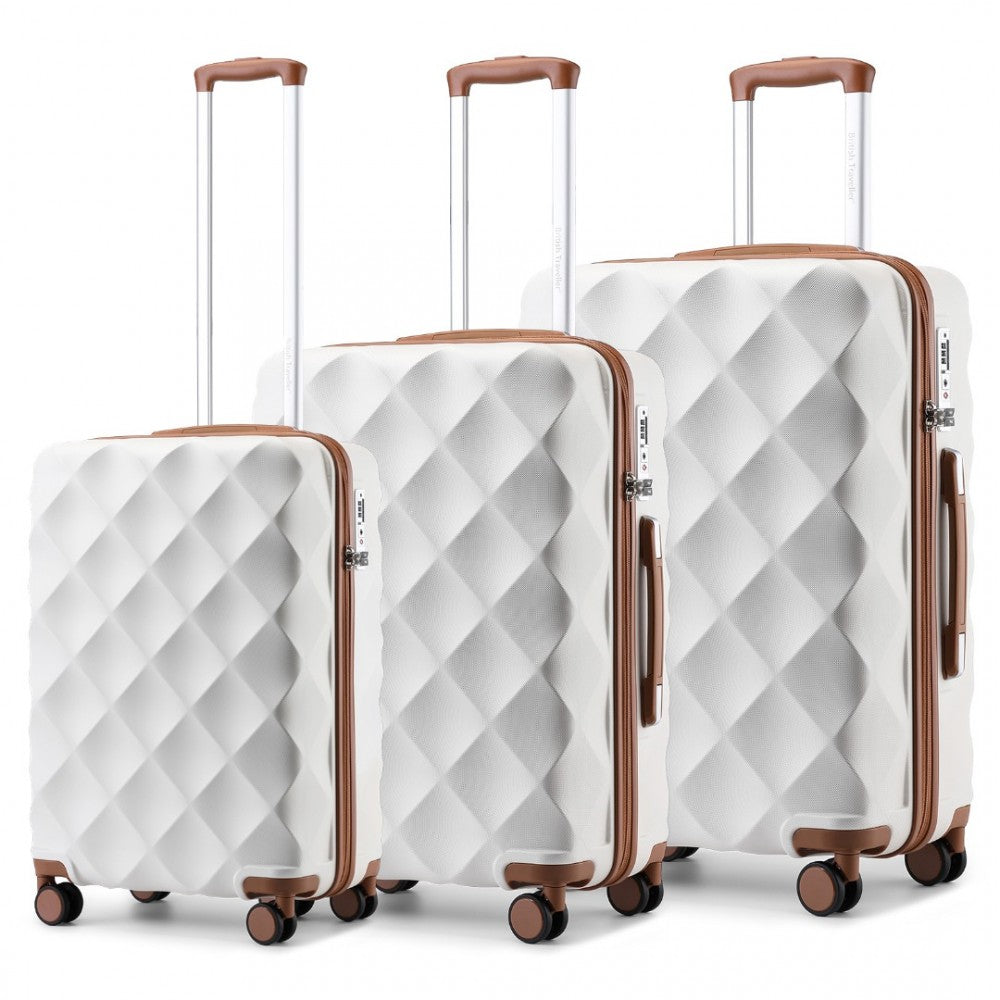 K2395L - BRITISH TRAVELLER ULTRALIGHT ABS AND POLYCARBONATE BUMPY DIAMOND 3 PCS LUGGAGE SET WITH TSA LOCK - CREAM - The Baggage Shop
