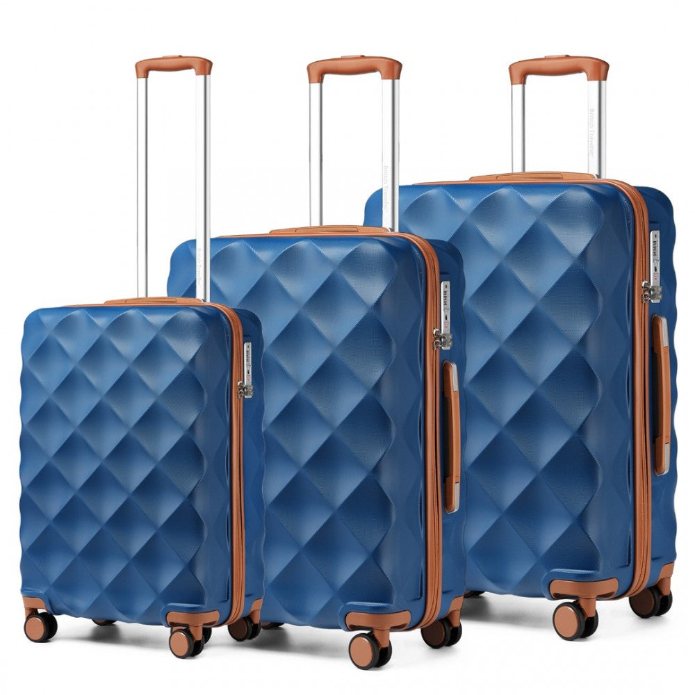 K2395L - BRITISH TRAVELLER ULTRALIGHT ABS AND POLYCARBONATE BUMPY DIAMOND 3 PCS LUGGAGE SET WITH TSA LOCK - NAVY AND BROWN - The Baggage Shop