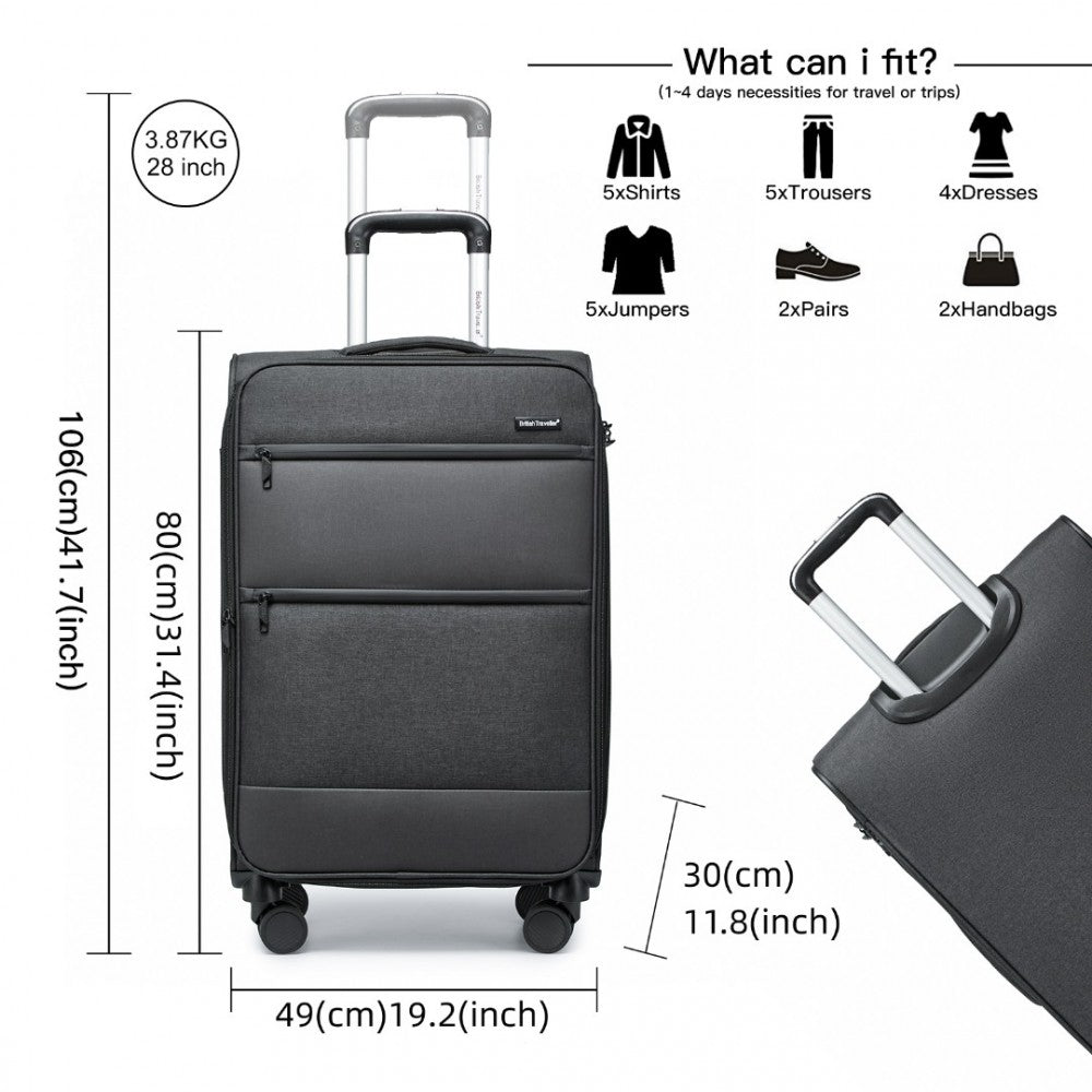 K2397L - BRITISH TRAVELLER 28 INCH LIGHTWEIGHT SOFT SHELL EXPANDABLE SUITCASE WITH TSA LOCK - BLACK - The Baggage Shop