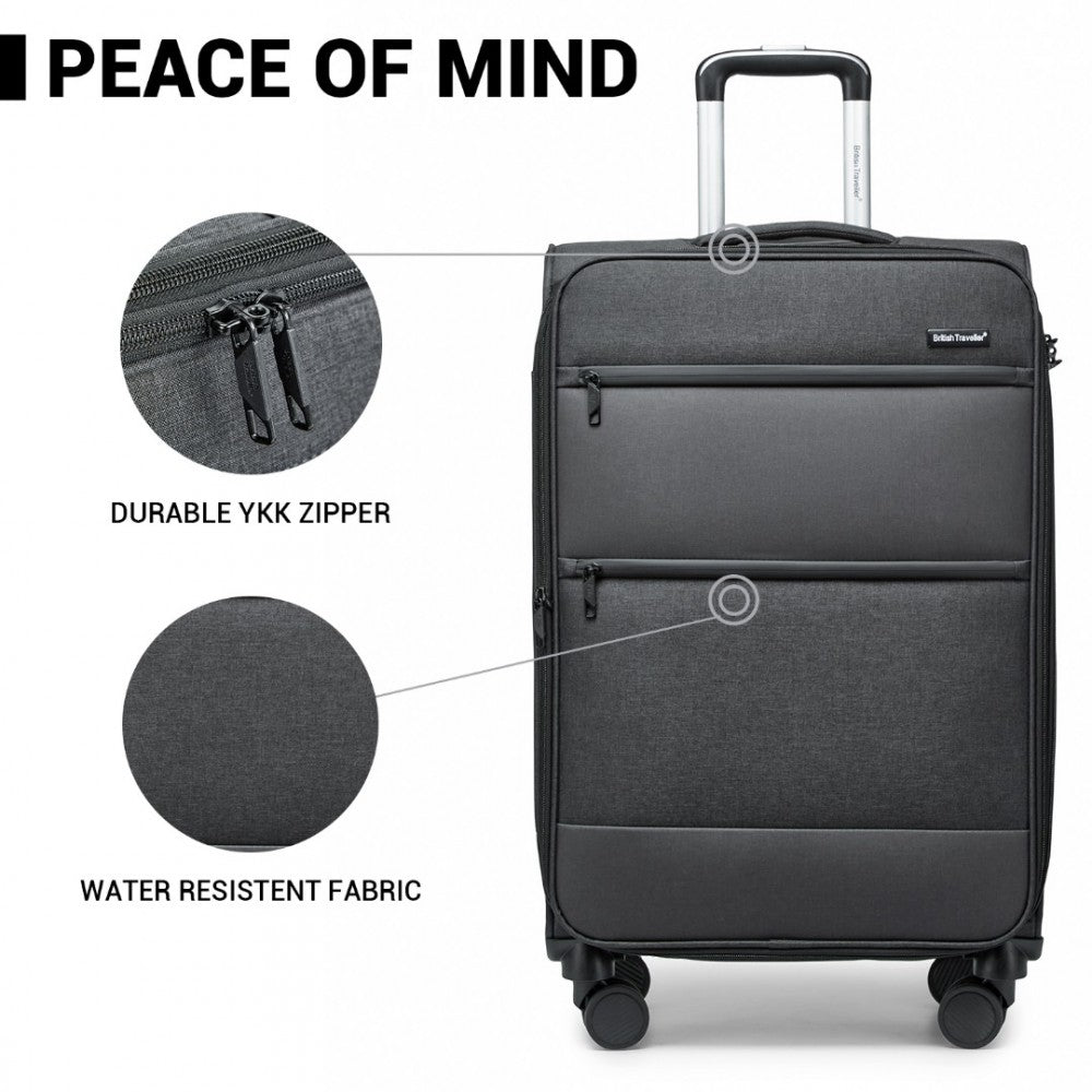 K2397L - BRITISH TRAVELLER 28 INCH LIGHTWEIGHT SOFT SHELL EXPANDABLE SUITCASE WITH TSA LOCK - BLACK - The Baggage Shop