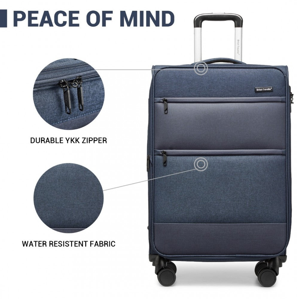 K2397L - BRITISH TRAVELLER 28 INCH LIGHTWEIGHT SOFT SHELL EXPANDABLE SUITCASE WITH TSA LOCK - NAVY - The Baggage Shop