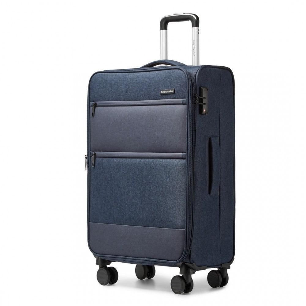 K2397L - BRITISH TRAVELLER 28 INCH LIGHTWEIGHT SOFT SHELL EXPANDABLE SUITCASE WITH TSA LOCK - NAVY - The Baggage Shop