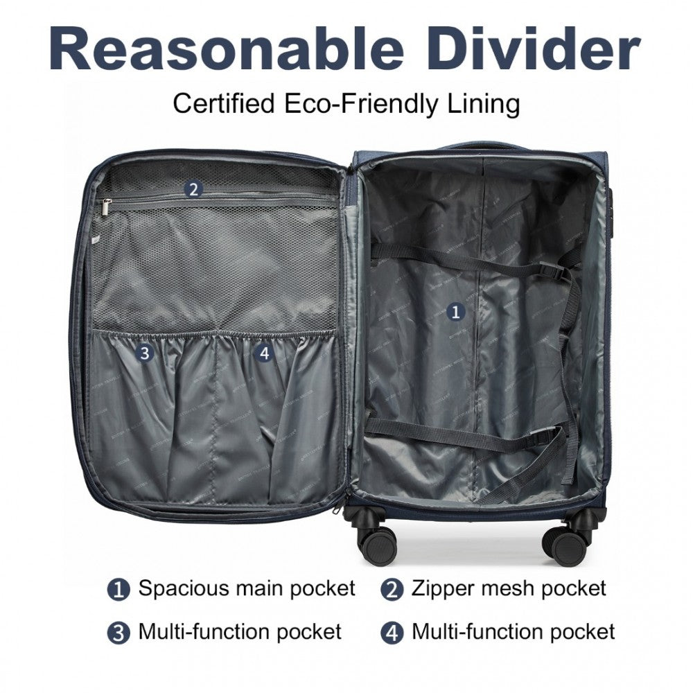 K2397L - BRITISH TRAVELLER 28 INCH LIGHTWEIGHT SOFT SHELL EXPANDABLE SUITCASE WITH TSA LOCK - NAVY - The Baggage Shop