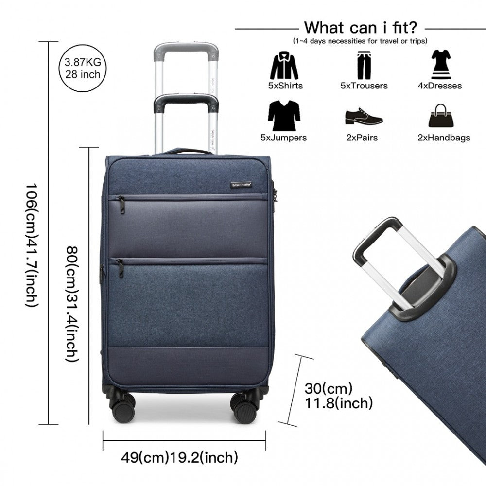 K2397L - BRITISH TRAVELLER 28 INCH LIGHTWEIGHT SOFT SHELL EXPANDABLE SUITCASE WITH TSA LOCK - NAVY - The Baggage Shop