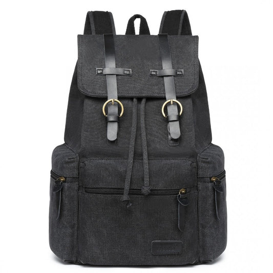 E1672 - KONO LARGE MULTI FUNCTION LEATHER DETAILS CANVAS BACKPACK - BLACK - The Baggage Shop