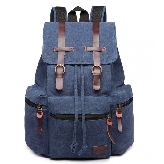 E1672 - KONO LARGE MULTI FUNCTION LEATHER DETAILS CANVAS BACKPACK - BLUE - The Baggage Shop
