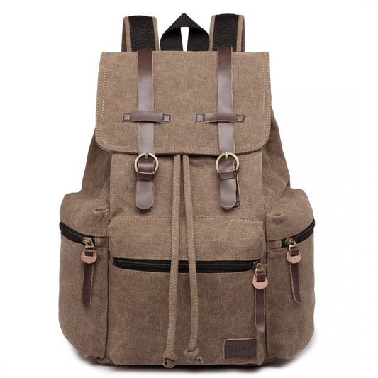 E1672 - KONO LARGE MULTI FUNCTION LEATHER DETAILS CANVAS BACKPACK - COFFEE - The Baggage Shop