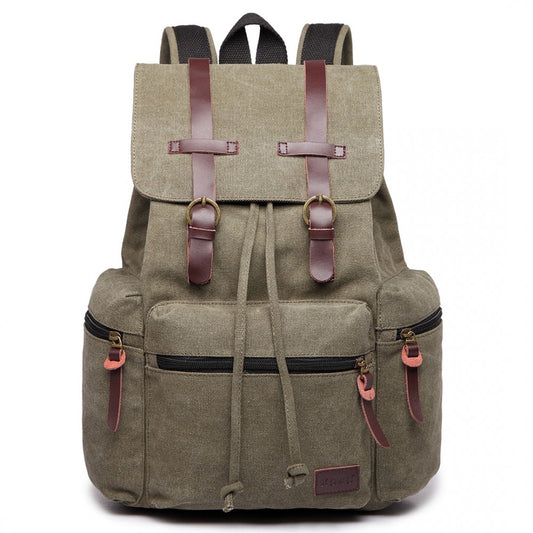 E1672 - KONO LARGE MULTI FUNCTION LEATHER DETAILS CANVAS BACKPACK - GREEN - The Baggage Shop