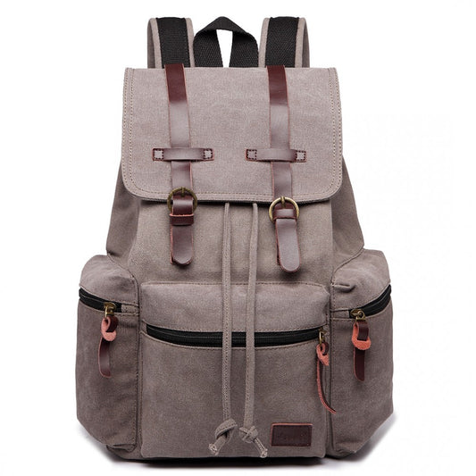 E1672 - KONO LARGE MULTI FUNCTION LEATHER DETAILS CANVAS BACKPACK - GREY - The Baggage Shop