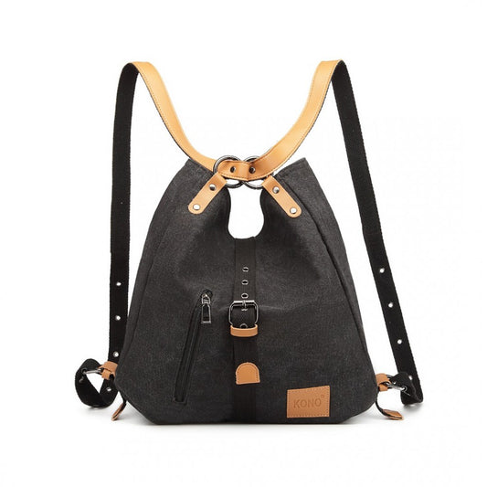 E6850 - KONO CANVAS HOBO SLOUCH SHOULDER BAG AND BACKPACK - BLACK - The Baggage Shop