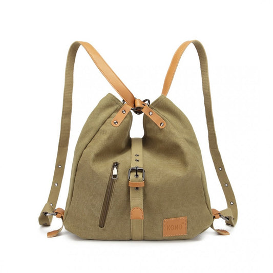 E6850 - KONO CANVAS HOBO SLOUCH SHOULDER BAG AND BACKPACK - KHAKI - The Baggage Shop