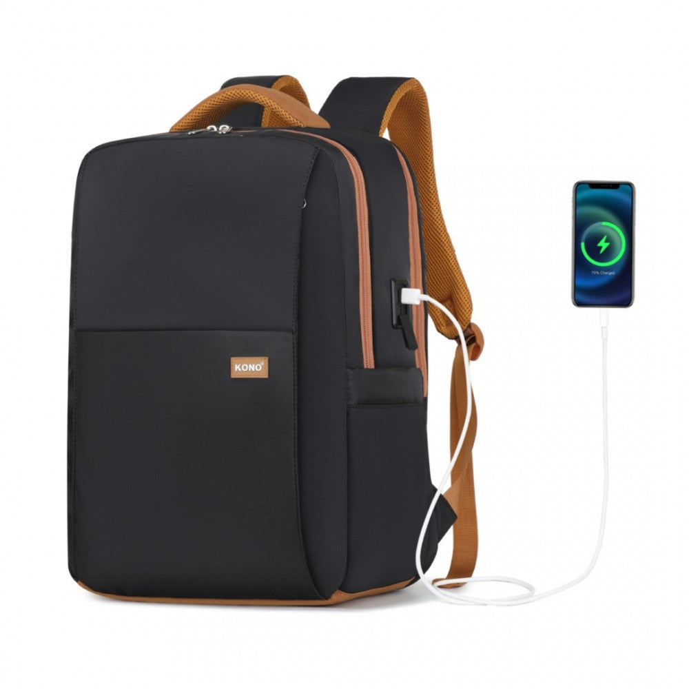 BPK2433 - KONO WATER-RESISTANT LAPTOP BACKPACK WITH USB CHARGING BUSINESS RUCKSACK FOR TRAVEL COMMUTER FEATURES INCLUDES MATCHING POUCH 2 PC SET - BLACK AND BROWN - The Baggage Shop