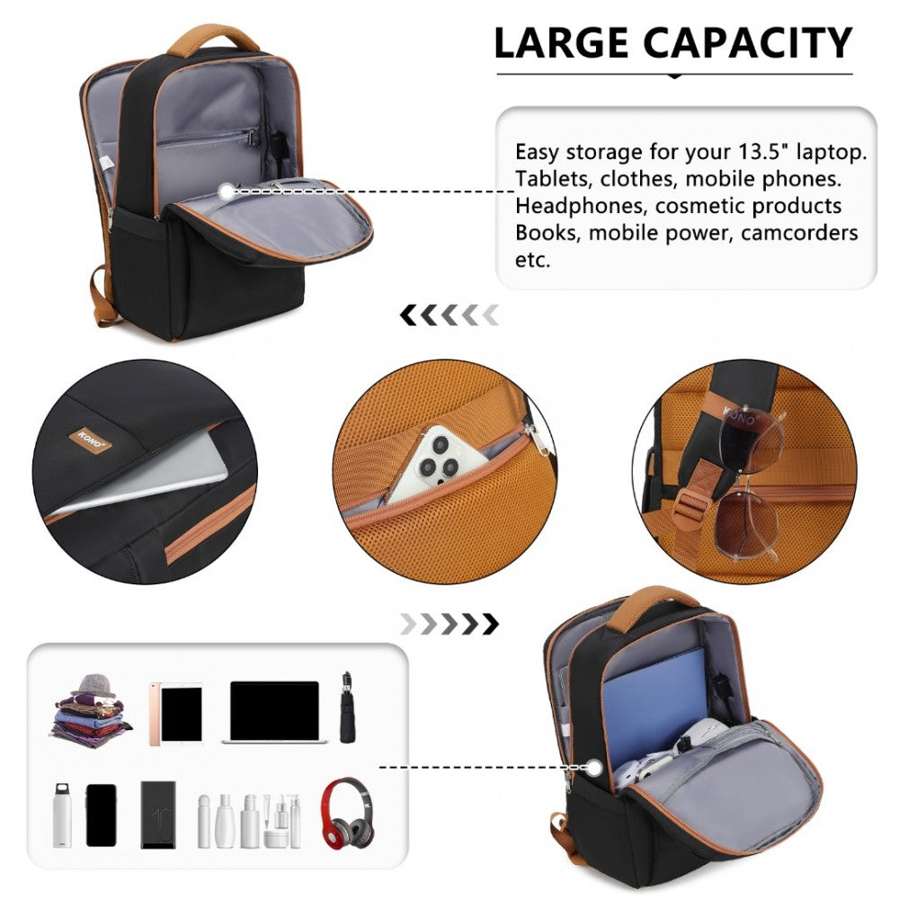 BPK2433 - KONO WATER-RESISTANT LAPTOP BACKPACK WITH USB CHARGING BUSINESS RUCKSACK FOR TRAVEL COMMUTER FEATURES INCLUDES MATCHING POUCH 2 PC SET - BLACK AND BROWN - The Baggage Shop