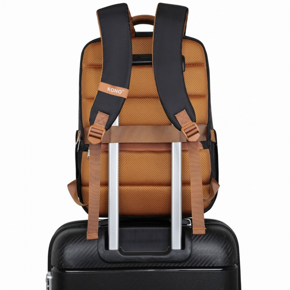 BPK2433 - KONO WATER-RESISTANT LAPTOP BACKPACK WITH USB CHARGING BUSINESS RUCKSACK FOR TRAVEL COMMUTER FEATURES INCLUDES MATCHING POUCH 2 PC SET - BLACK AND BROWN - The Baggage Shop