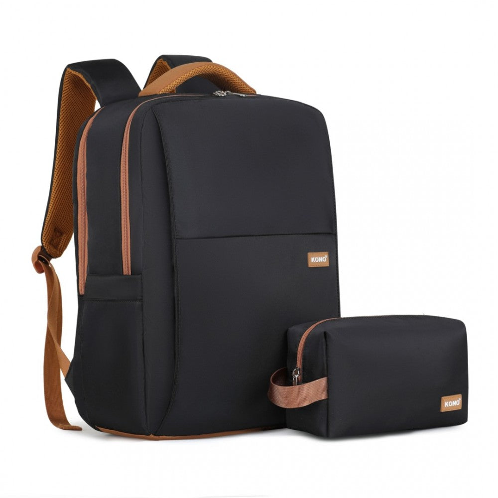 BPK2433 - KONO WATER-RESISTANT LAPTOP BACKPACK WITH USB CHARGING BUSINESS RUCKSACK FOR TRAVEL COMMUTER FEATURES INCLUDES MATCHING POUCH 2 PC SET - BLACK AND BROWN - The Baggage Shop