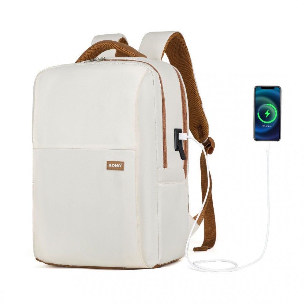 BPK2433 - KONO WATER-RESISTANT LAPTOP BACKPACK WITH USB CHARGING BUSINESS RUCKSACK FOR TRAVEL COMMUTER FEATURES INCLUDES MATCHING POUCH 2 PC SET - CREAM AND BROWN - The Baggage Shop