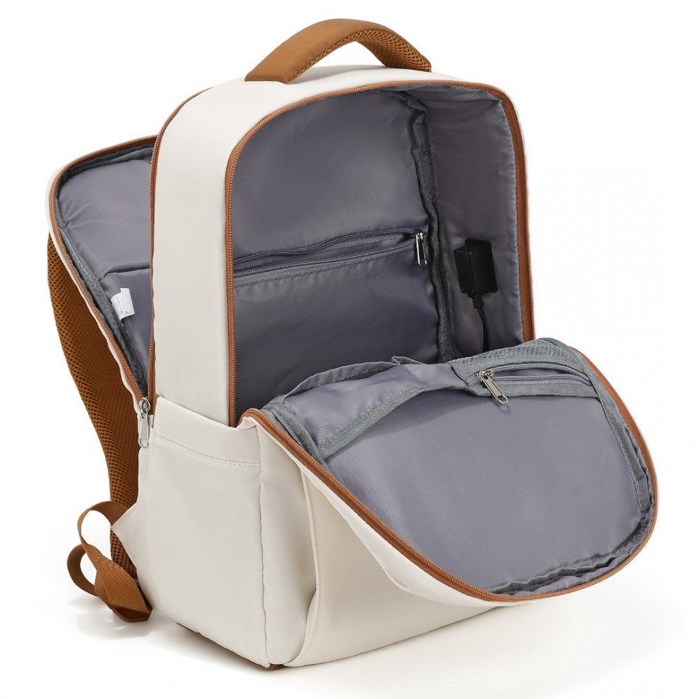 BPK2433 - KONO WATER-RESISTANT LAPTOP BACKPACK WITH USB CHARGING BUSINESS RUCKSACK FOR TRAVEL COMMUTER FEATURES INCLUDES MATCHING POUCH 2 PC SET - CREAM AND BROWN - The Baggage Shop