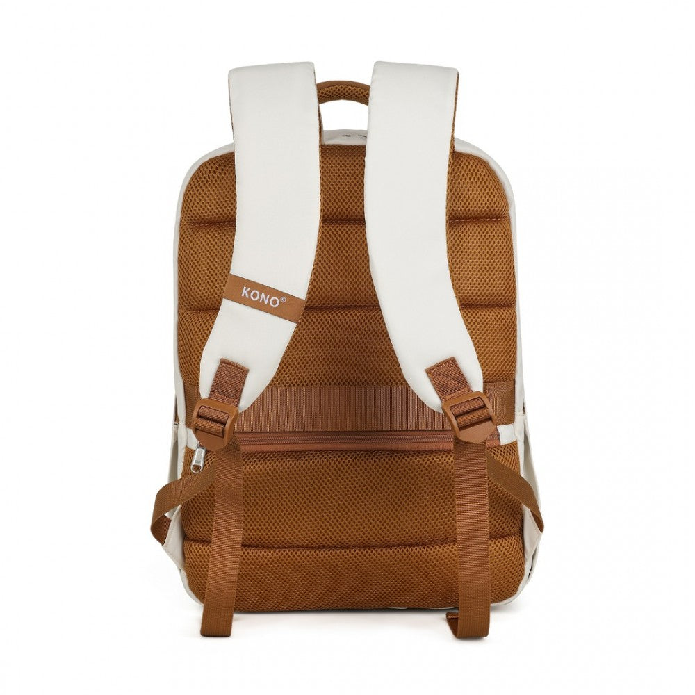 BPK2433 - KONO WATER-RESISTANT LAPTOP BACKPACK WITH USB CHARGING BUSINESS RUCKSACK FOR TRAVEL COMMUTER FEATURES INCLUDES MATCHING POUCH 2 PC SET - CREAM AND BROWN - The Baggage Shop