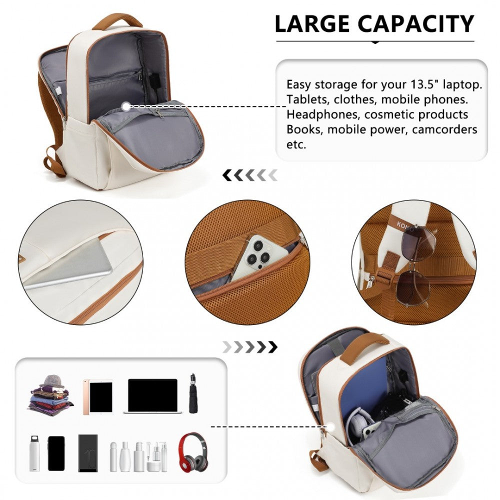 BPK2433 - KONO WATER-RESISTANT LAPTOP BACKPACK WITH USB CHARGING BUSINESS RUCKSACK FOR TRAVEL COMMUTER FEATURES INCLUDES MATCHING POUCH 2 PC SET - CREAM AND BROWN - The Baggage Shop