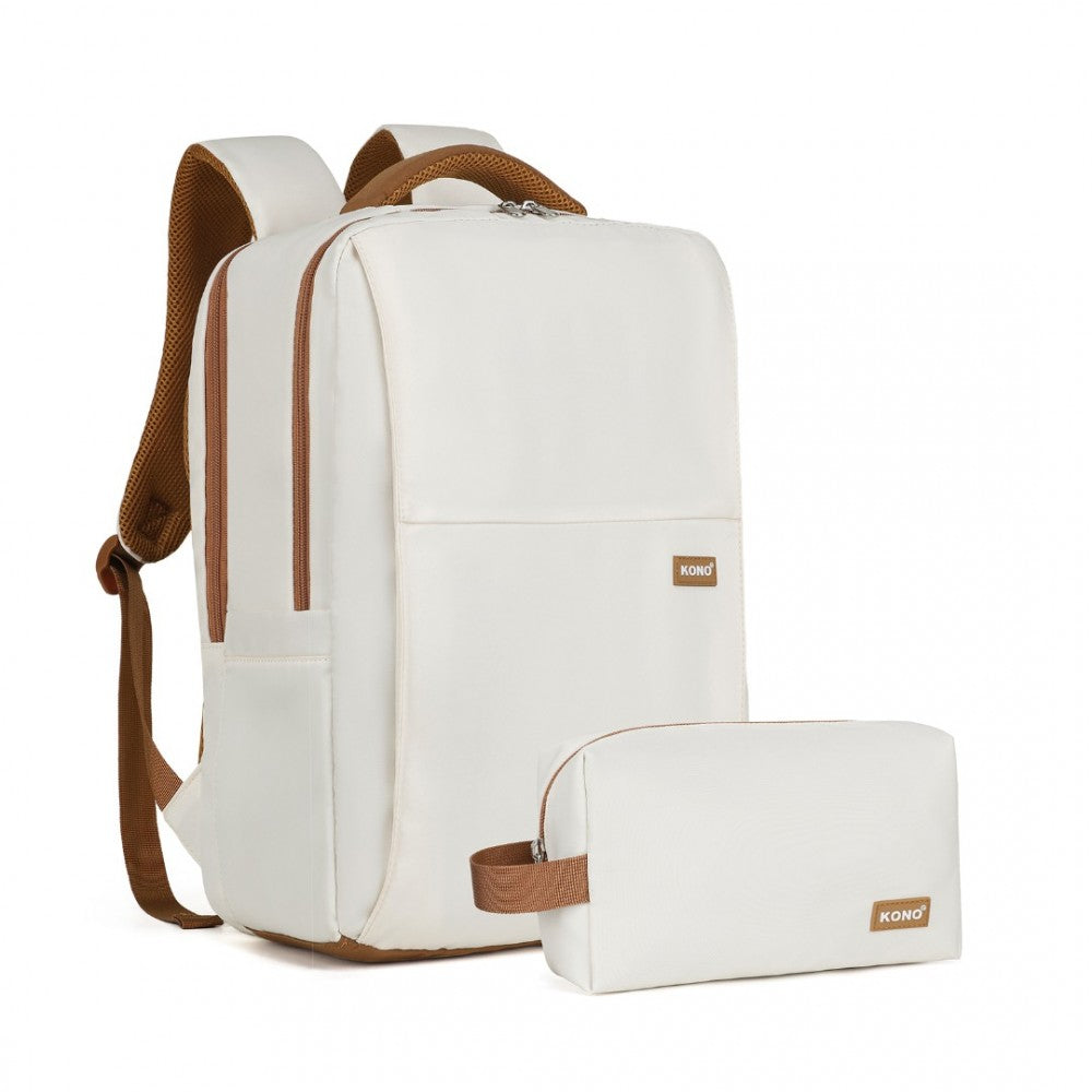 BPK2433 - KONO WATER-RESISTANT LAPTOP BACKPACK WITH USB CHARGING BUSINESS RUCKSACK FOR TRAVEL COMMUTER FEATURES INCLUDES MATCHING POUCH 2 PC SET - CREAM AND BROWN - The Baggage Shop