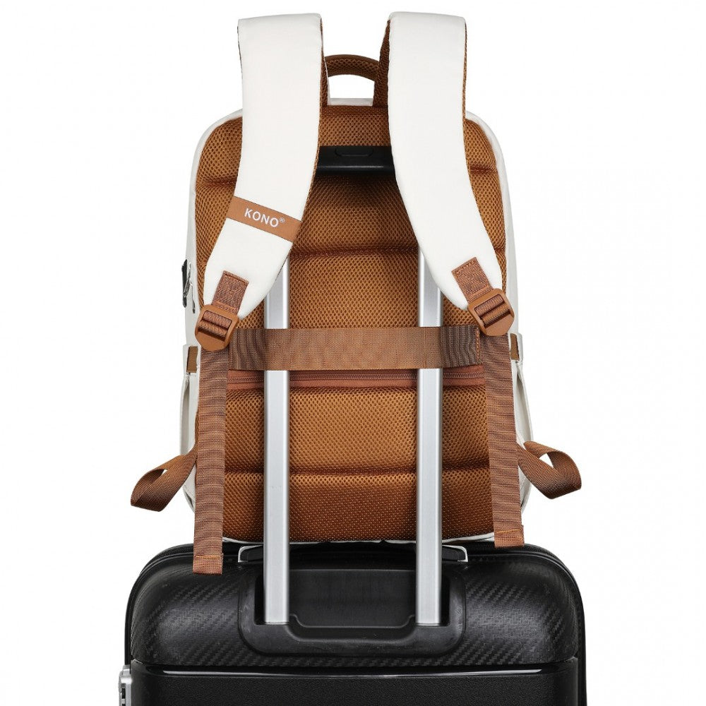 BPK2433 - KONO WATER-RESISTANT LAPTOP BACKPACK WITH USB CHARGING BUSINESS RUCKSACK FOR TRAVEL COMMUTER FEATURES INCLUDES MATCHING POUCH 2 PC SET - CREAM AND BROWN - The Baggage Shop