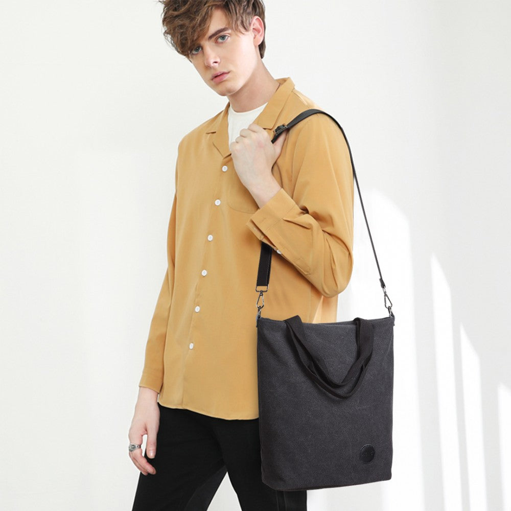 E1965 - KONO LARGE CANVAS UNISEX MESSENGER BAG - BLACK - The Baggage Shop