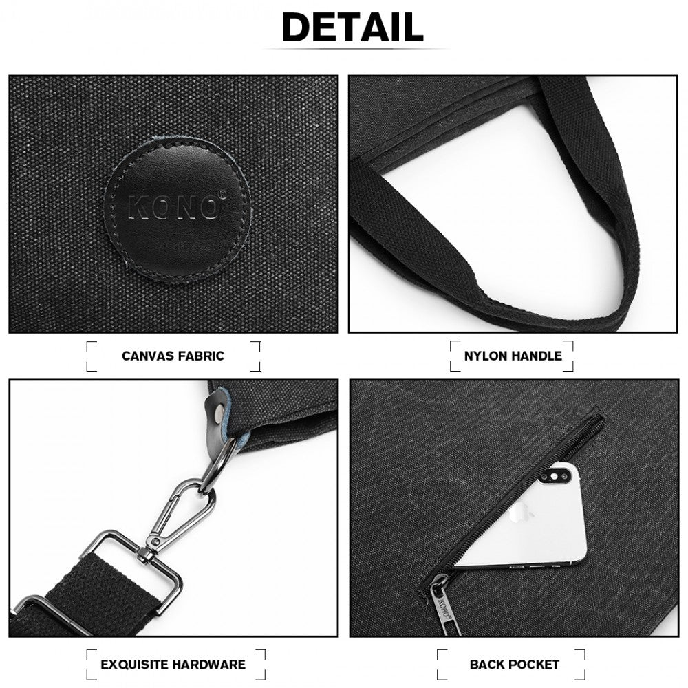 E1965 - KONO LARGE CANVAS UNISEX MESSENGER BAG - BLACK - The Baggage Shop