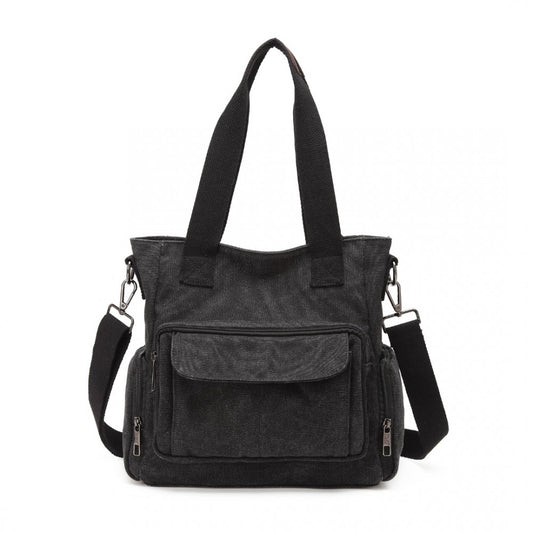 EB2125 - KONO LARGE CAPACITY MULTI COMPARTMENT CANVAS CROSSBODY TOTE BAG - BLACK - The Baggage Shop