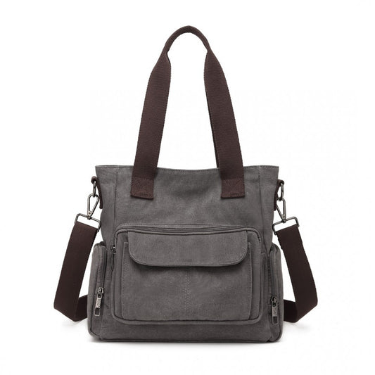 EB2125 - KONO LARGE CAPACITY MULTI COMPARTMENT CANVAS CROSSBODY TOTE BAG - GREY - The Baggage Shop