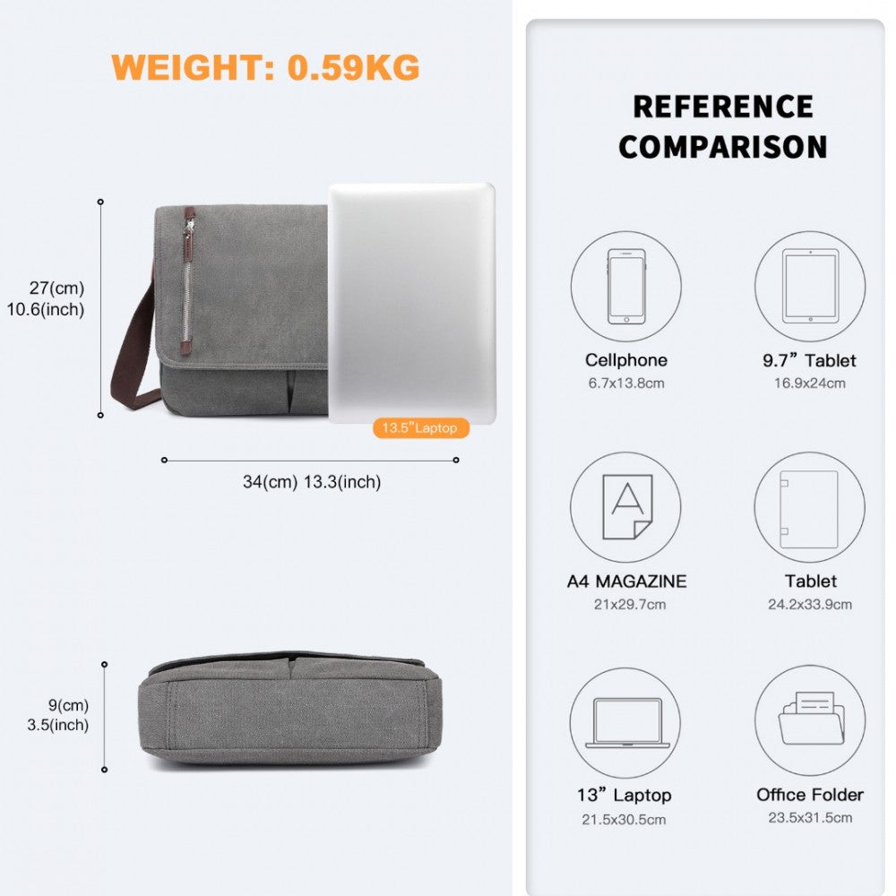 MSK2421 - KONO DURABLE CANVAS CROSSBODY BAG WITH VELCRO FLAP CLOSURE FOR EVERYDAY USE - GREY - The Baggage Shop