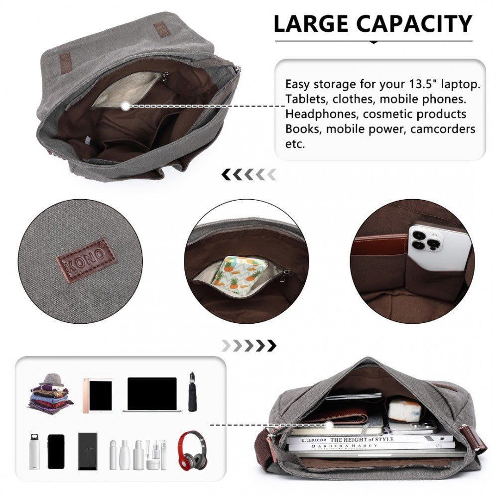 MSK2421 - KONO DURABLE CANVAS CROSSBODY BAG WITH VELCRO FLAP CLOSURE FOR EVERYDAY USE - GREY - The Baggage Shop